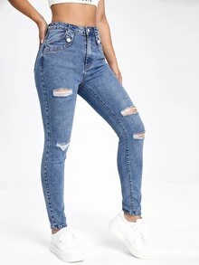 SHEIN EZwear 黑色斜口袋破洞緊身牛仔褲 - 藍色 - 查看 4