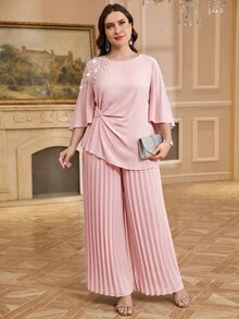 SHEIN Clasi 大尺碼女款仿珍珠裝飾上衣與長褲休閒日常兩件套 - 粉色 - 查看 4