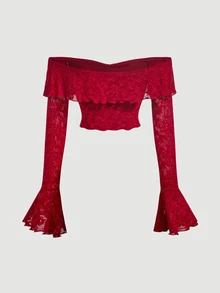SHEIN MOD Bell Sleeve Tie-Up Shoulder Top And Fishtail Long Skirt 2 Pieces Set - Burgundy - View 6