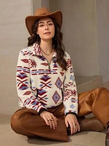 Wildy BOHO 西部風女款半拉鍊運動衫，長袖上衣，秋季休閒女裝，感恩節日常日穿米色 - 白色 - 查看 1