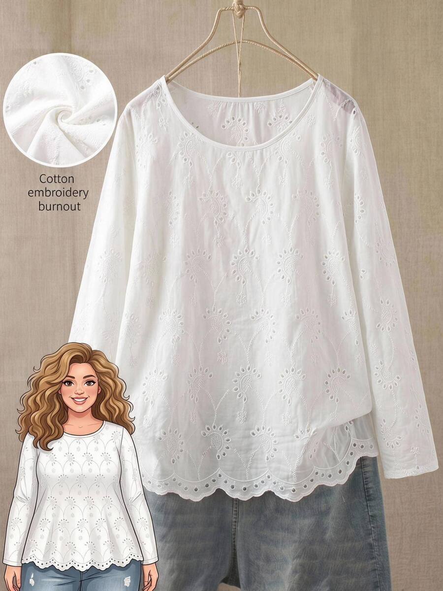 Rusticease Plus Size White Round Neck Long Sleeve Blouse Elegant Office Fall Winter 2026 - White - View 1