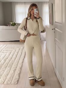 Easowa Women's Fall/Winter Sets Twisted Ruched Long Sleeve Top And Pants Casual Preppy Daily 2 Pieces Set Everyday Travel Black And White - Apricot - View 4