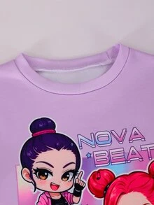 Tween Girls Light Purple Cartoon Print Crew Neck Sweatshirt & Leggings 2 Pieces Set, Thermal Lined Thick Loose Fit, Winter School Wear - Purple - View 4