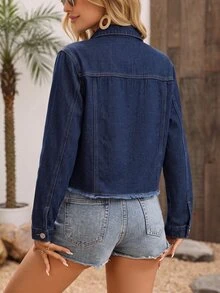 EMERY ROSE Women's Fashion Button Long Sleeve Frayed Denim Jacket - Dark Wash - View 2