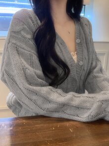 DAZY Solid Color Loose V-Neck Long Sleeve Casual Vacation Korean Style Autumn/Winter Knit Sweater For Women - Grey - View 6