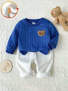 SHEIN Vintaside Kids 2件組幼兒男孩衛衣+長褲套裝，可愛皇家藍白色熊貼布，粗針編織長袖圓領加厚款，生日派對秋季假期聖誕穿搭 - 藍白色 - 查看 3
