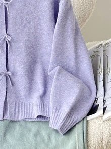 SHEIN 少女米色開襟衫，秋季休閒度假返校簡約舒適圓領長袖蝴蝶結少女冬季毛衣，波點 - 藍色 - 查看 4