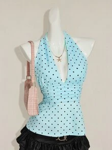 SHEIN ICON 掛脖深V領收腰A字露背波點背心上衣 - 淺藍色 - 查看 4