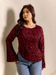 Elaquor 大尺碼女款休閒喇叭袖黑色T恤 秋季 - 酒紅色 - 查看 7