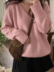 DAZY 女款V領純色甜美休閒套頭毛衣 - 粉色 - 查看 3