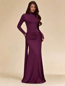 SHEIN BAE Autumn/Winter Solid Olive Green Long Sleeve Mock Neck Tie-Front Slim Fit Knit Dress - Red Violet - View 3