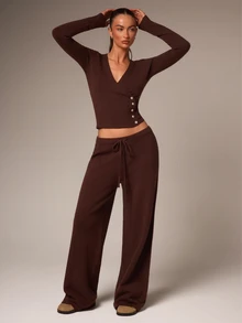 Athîral Women's Deep V-Neck Fitted Top And Solid Color Long Pants 2 Pieces Set - Multicolor - View 5