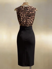 Franclia Women's Leopard Print Colorblock Sleeveless Cowl Neck Dress, Elegant Commuter Dress - Black - View 2