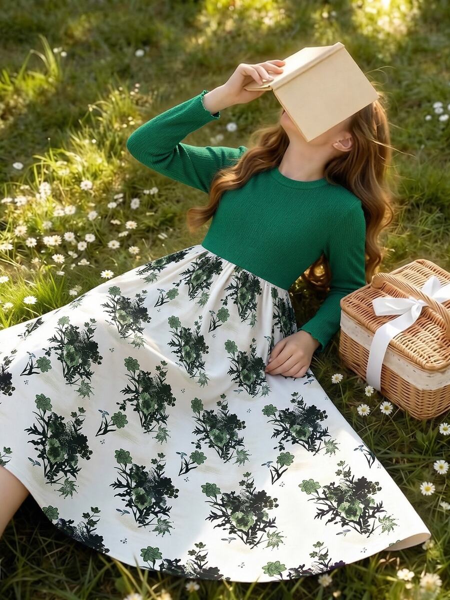 SHEIN 返校季大童女孩綠色花卉印花長袖圓領高腰A字洋裝 派對春季優雅休閒風 - 綠色 - 查看 1