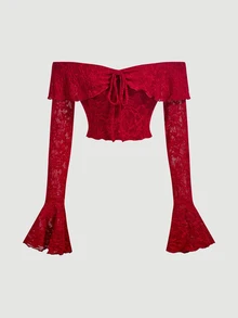 SHEIN MOD Bell Sleeve Tie-Up Shoulder Top And Fishtail Long Skirt 2 Pieces Set - Burgundy - View 5