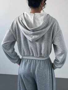 SHEIN BASICS Sweatshirt Fleece Wanita Nyaman dengan Resleting Penuh, Hangat dan Nyaman untuk Pemakaian Sehari-hari di Musim Gugur/Dingin - Grey - View 6