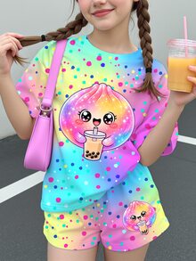 Tween Girl Casual Minimalist Cute Fun Squeeze Bun Pattern, Glitter, Rhinestone Bun, Tie-Dye, Round Neck Short Sleeve T-Shirt, Suitable For Summer, Kawaii, Graphic, Tops, Cute Tops, Easy Comfort - 彩色 - 查看 1