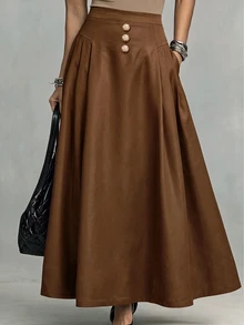 Linhara CURVE Rok Payung Model A-Line Pinggang Reguler Ukuran Plus untuk Wanita dengan Potongan Patchwork dan Gesper Dekoratif, Panjang Sedang, Rok Komuter - Coklat - View 1