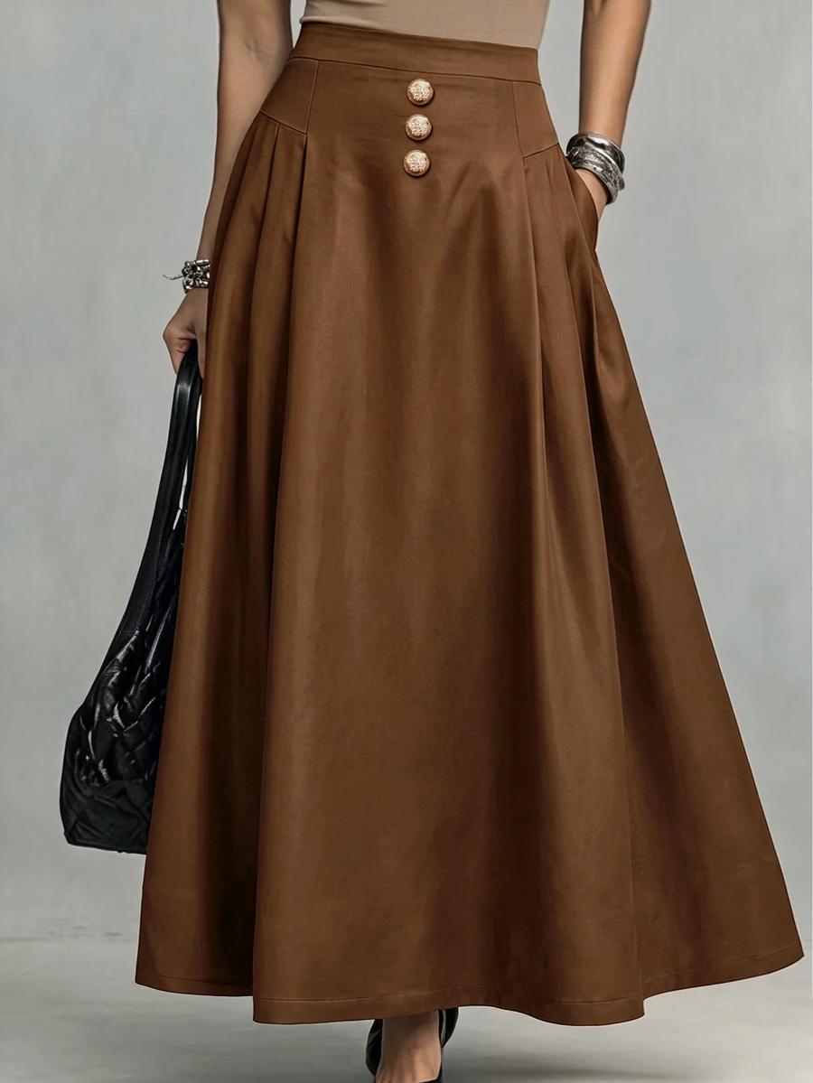 Linhara CURVE Rok Payung Model A-Line Pinggang Reguler Ukuran Plus untuk Wanita dengan Potongan Patchwork dan Gesper Dekoratif, Panjang Sedang, Rok Komuter - Coklat - View 1