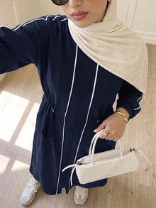 Solavon فستان عربي كاجوال للنساء بأكمام راجلان طويلة وخصر برباط وسحاب أمامي - أزرق بحري - مشاهدة 5