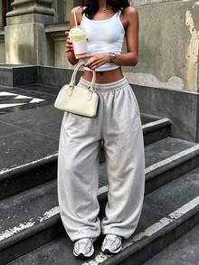 SuriyaCove Women's Loose Wide Leg Solid Color Elastic Waist Casual Sweatpants - Light Grey - View 1
