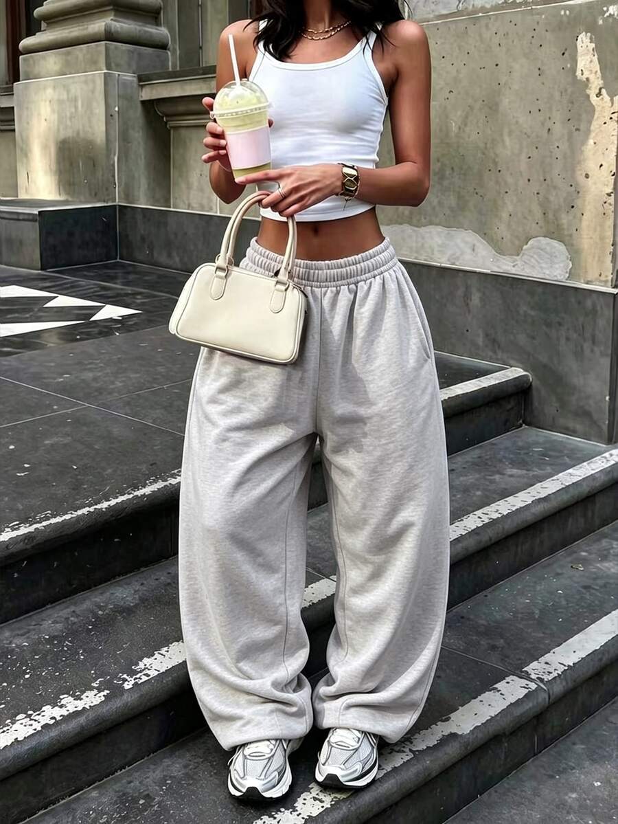SuriyaCove Women's Loose Wide Leg Solid Color Elastic Waist Casual Sweatpants - Light Grey - View 1