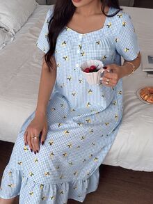 Napfluff Lemon Plaid Print Ruffle Trim Mid-Length Loose Short Sleeve Women's Nightgown - Blue - View 7