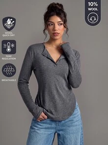 SHEIN BASICS Women's Solid Color Casual Versatile Daily Long Sleeve T-Shirt - Grey - View 3