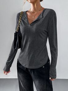 SHEIN BASICS Women's Solid Color Casual Versatile Daily Long Sleeve T-Shirt - Grey - View 4