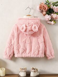 SHEIN Playful Pals 女童可愛加厚抓絨連帽外套 1件裝，粉色蝴蝶結雙面抓絨布料搭配熊耳裝飾，長袖拉鍊夾克，柔軟舒適，甜美可愛，適合女童日常上學、外出、度假、派對，秋冬返校穿著 - 粉色 - 查看 2
