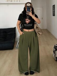 Coolane 女款大尺碼春夏街頭風休閒復古燈芯絨紋理長版寬鬆長褲 - 綠色 - 查看 3