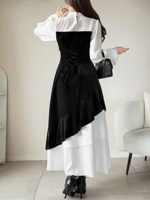 FRIFUL Women's Elegant Long Dress With Stand Collar And Bow Decor, 2 In 1 Design - Black - View 8