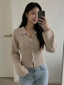 Livesso Autumn/Winter Khaki Round Neck Button Cable Knit Long Sleeve Slim Fit Ribbed Cardigan For Women - Khaki - View 5