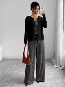 GlowEve Women's Knit Solid Color Cardigan With Front Button Closure, Striped Slim Fit Camisole With Drawstring Decor, Elegant Casual Commute Daily Outing Long Pants 3 Pieces Set - Black - View 5