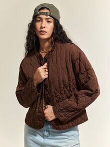 SoleilVie Jaket Komuter Lengan Panjang Kancing Saku Bergaya Vintage Prancis - Coklat - View 3