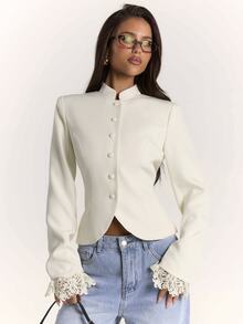 SHEIN BAE Women's Autumn/Winter Contrast Lace Design Blazer, Commuter Chic Outfit, Daily Streetwear - White - View 5