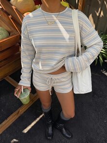 Veykashi Plus Size Women's Early Autumn Casual Striped Crew Neck Long Sleeve Top And Drawstring Waist Shorts 2 Pieces Set (Blue Grey) - White - View 1