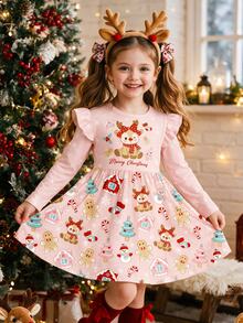 Kids Young Girl Reindeer Christmas Pattern Print Ruffle Hem Dress Creative Gift - Multicolor - View 5