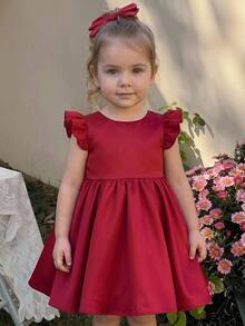 SHEIN Baby Girl Solid Color Round Neck Short Flutter Sleeve Back Bow Decor Cute Dress - Red - View 4