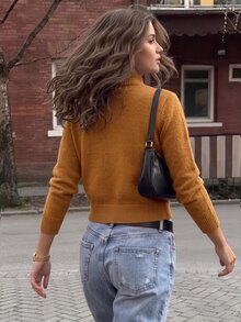 Omancia Autumn/Winter American Premium Vintage Design Asymmetrical Hem Button Napoleon Women's Cardigan Knit Jacket - Camel - View 2