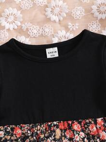 SHEIN Gaun Lengan Panjang Motif Bunga Kecil Warna-warni yang Lucu untuk Bayi Perempuan - Hitam - View 4