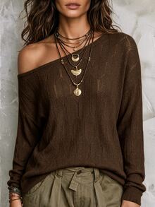 SHEIN New Spring Summer Vintage Leaf Weave Knit Top Women Off Shoulder Long Sleeve Vacation Loose Blouse - Coffee Brown - View 7