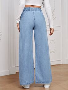 SHEIN Essnce 女款彈性腰休閒日常牛仔褲 - 淺色水洗藍 - 查看 5