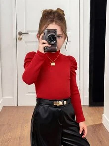 Emery Rose Kids Emery Rose Kids 女童修身復古羊腿袖小立領T恤，運動風，適合秋冬休閒日常穿著與上學穿搭，酷街頭風，萬聖節，Y2K女孩，休閒可愛，姐妹裝，母女套裝，黑色 - 紅色 - 查看 3