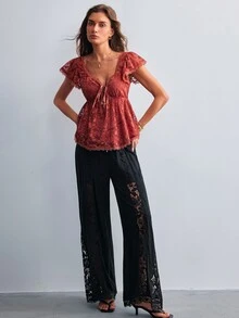 Willow Rêve Women's Black Lace Patchwork Flare Leg Pants - Black - View 6