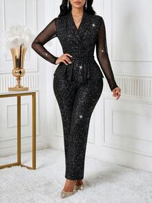 SHEIN Lady Setelan Pesta Wanita 2 Potong Atasan dan Celana Panjang Lengan Transparan dengan Hiasan Rhinestone dan Pinggang Berkerut - Purple - View 4