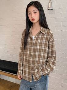 Dazy Kids 格紋長袖休閒寬鬆日常春秋冬青少年女孩襯衫 - 卡其色 - 查看 4