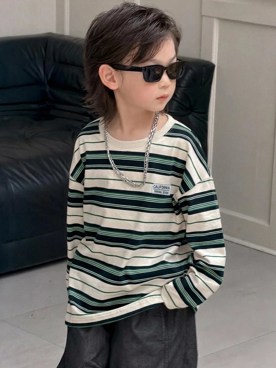 Dazy Kids 男童休閒條紋基本款長袖秋季T恤 - 寶藍色 - 查看 1