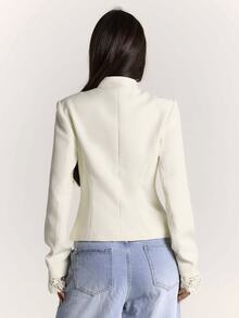 SHEIN BAE Women's Autumn/Winter Contrast Lace Design Blazer, Commuter Chic Outfit, Daily Streetwear - White - View 4