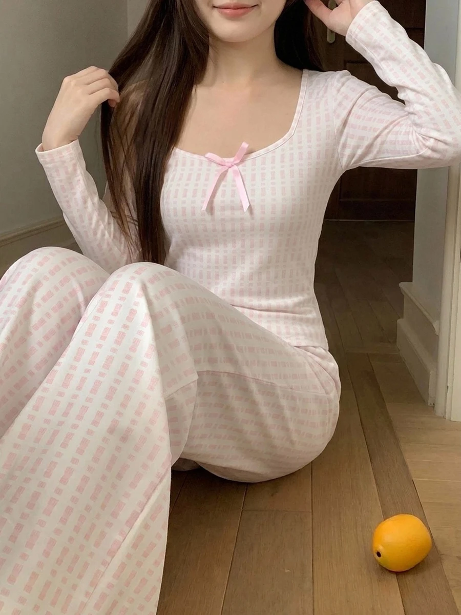 DAZY 2pcs Floral Square Neck Fitted Long Sleeve T-Shirt & Straight Leg Long Pajama Pants Women's Sleepwear Set - Pink - View 1